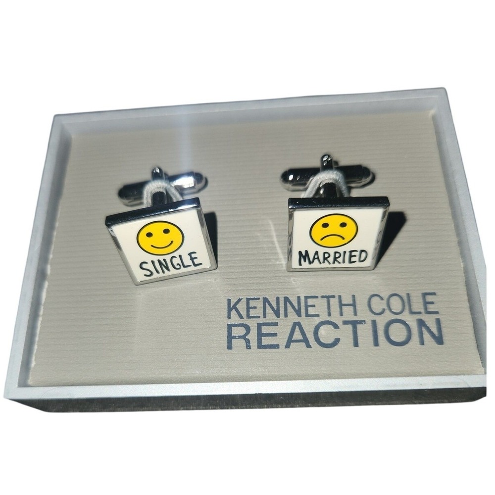 Kenneth‎ Cole Reaction Single Married Smiley Face Novelty Cufflinks Silver Tone